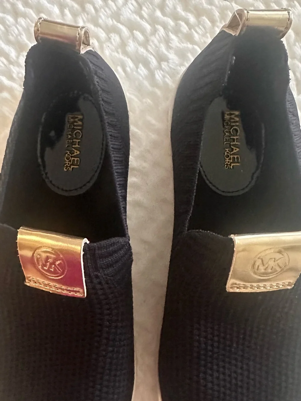 Michael Kors Black Knit Slip-On Sneakers with Gold Logo Tab